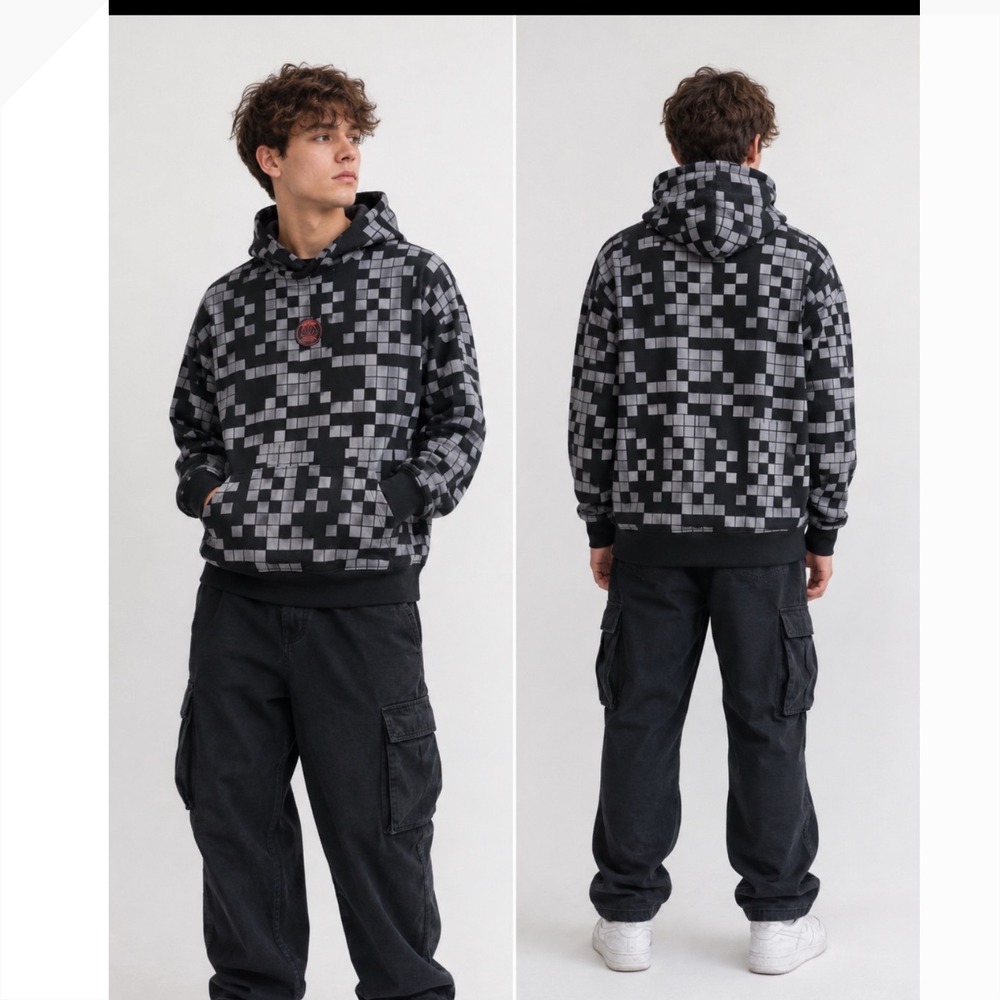 Nike Paris Saint-Germain PSG Hoodie Mens‎ Med. Gray Black Checker Pixel Pullover